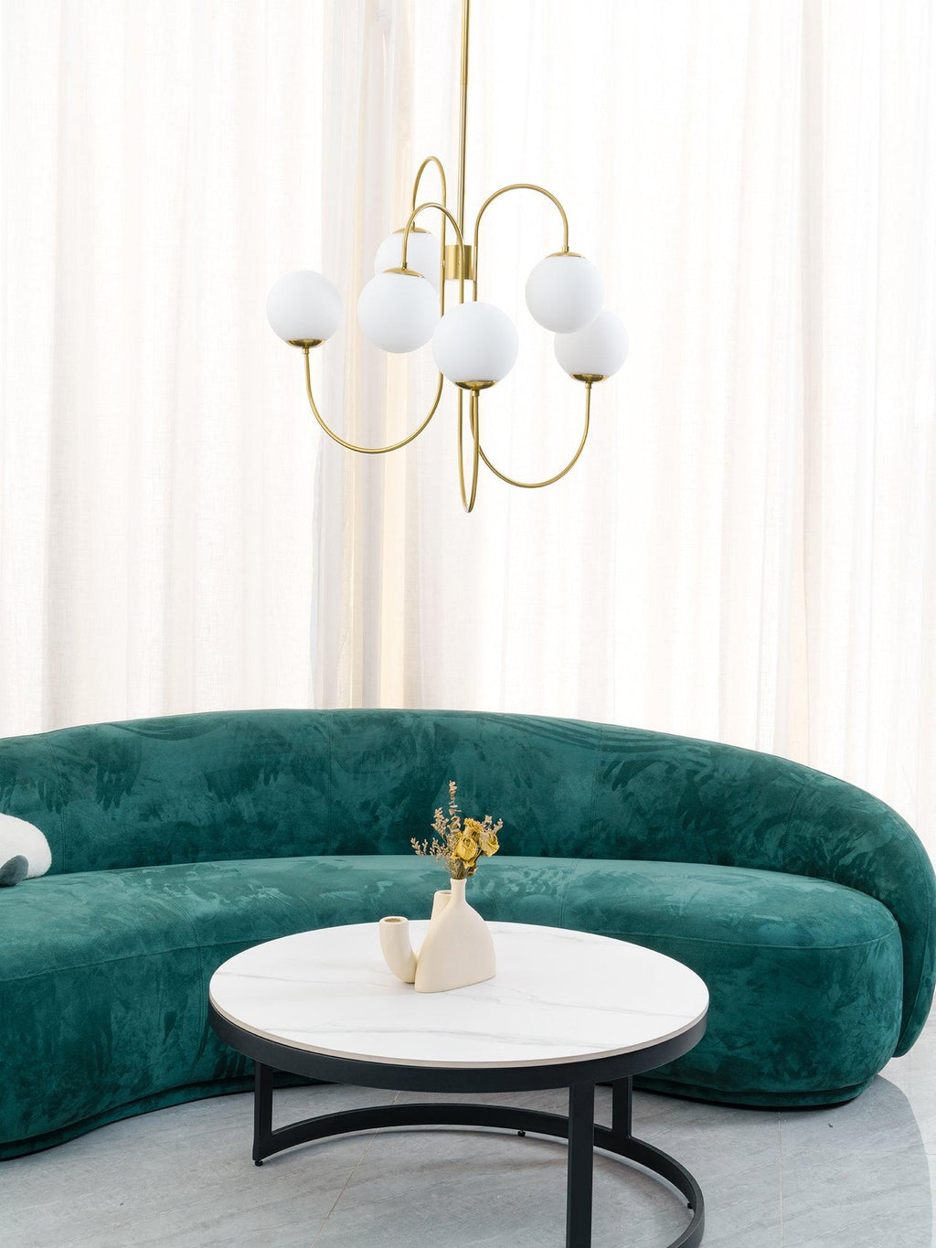 Gooseneck Chandelier, Wrought Iron, White Glass Globes, E14