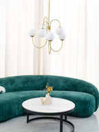 Gooseneck Chandelier, Wrought Iron, White Glass Globes, E14