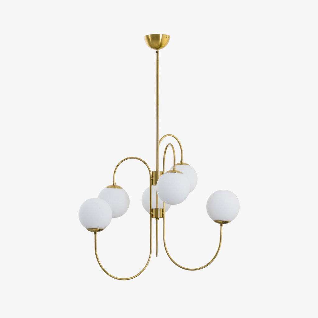 Gooseneck chandelier with curved iron arms and white glass globes
