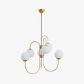 Gooseneck chandelier with curved iron arms and white glass globes