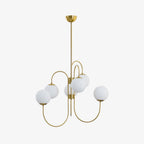 Gooseneck chandelier with curved iron arms and white glass globes
