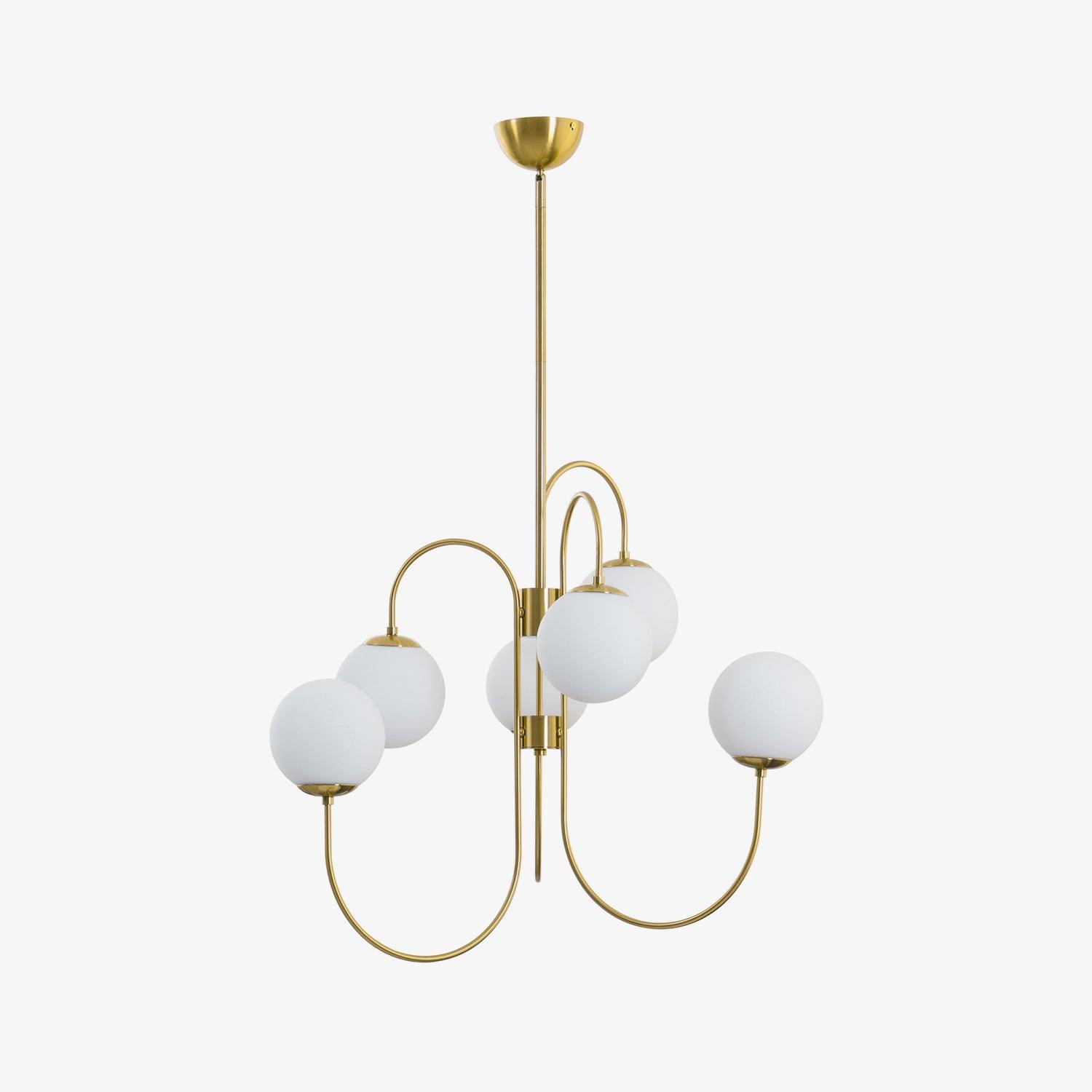 Gooseneck chandelier with curved iron arms and white glass globes