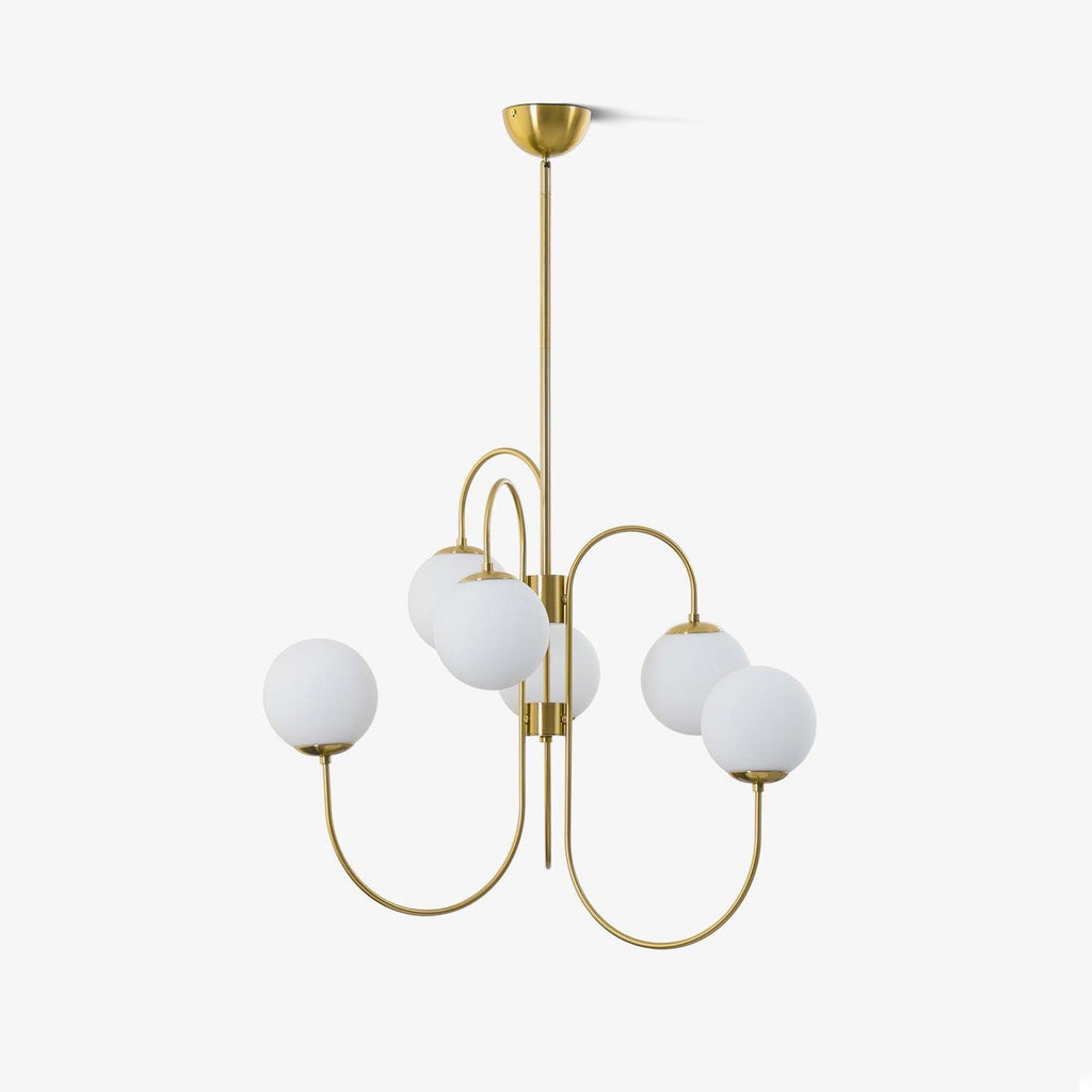 Gooseneck Chandelier, Wrought Iron, White Glass Globes, E14