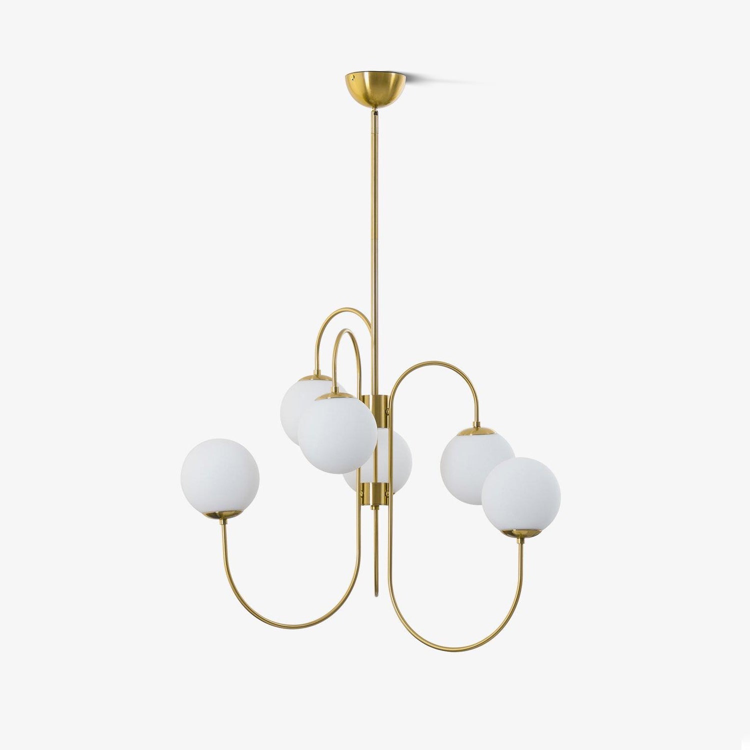 Gooseneck Chandelier, Wrought Iron, White Glass Globes, E14