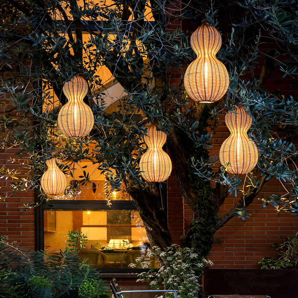 Woven Rattan Pendant Light With Gourd Silhouette, Outdoor Fixture