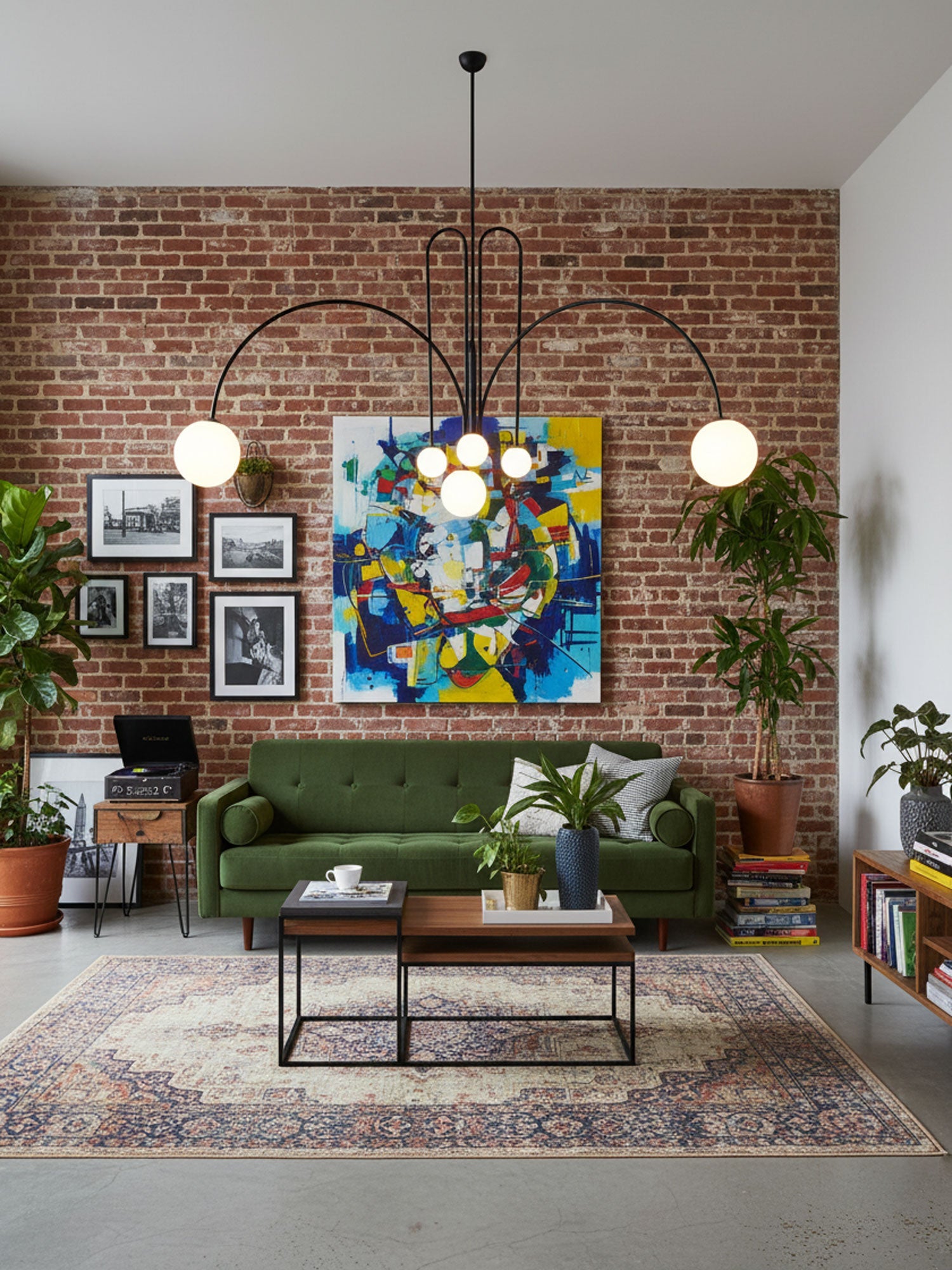 Glass suspension light glowing warmly above a living space