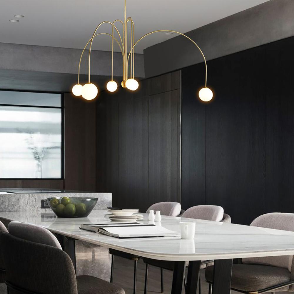 Gran Finale pendant with six white glass shades and warm light