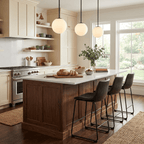 Glass pendant light with six warm-lit shades and slender arms