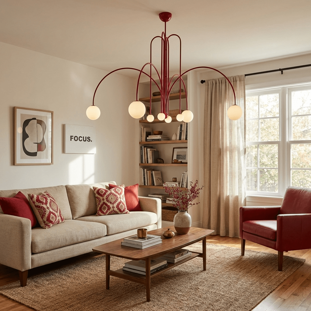 Six-head pendant light glowing warmly in a styled interior