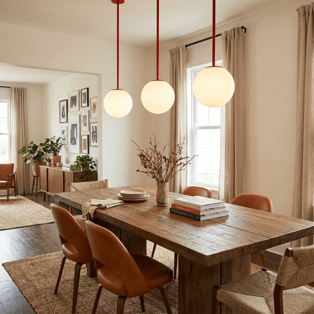 Gran Finale pendant with white glass shades casting warm light