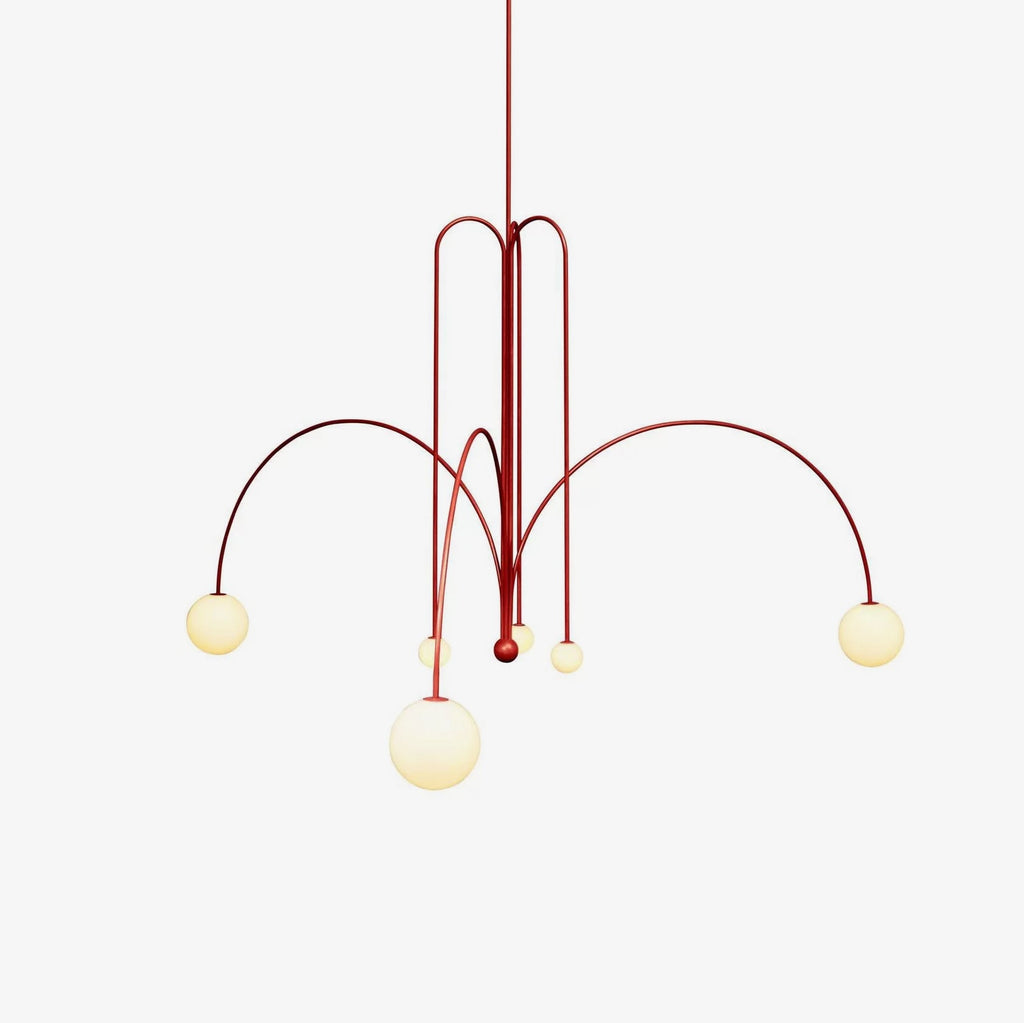 Glass suspension chandelier with six warm-lit white shades