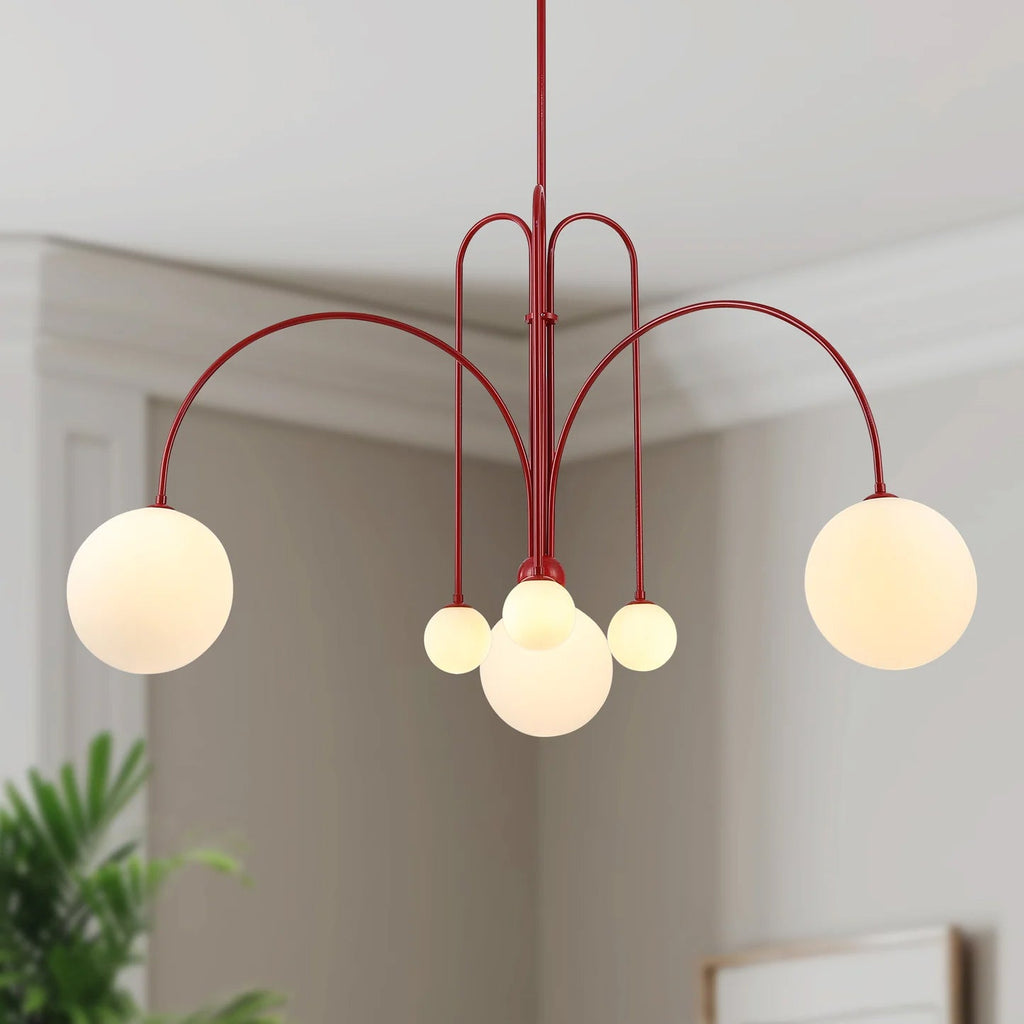 Glass pendant chandelier with six warm-lit white glass shades