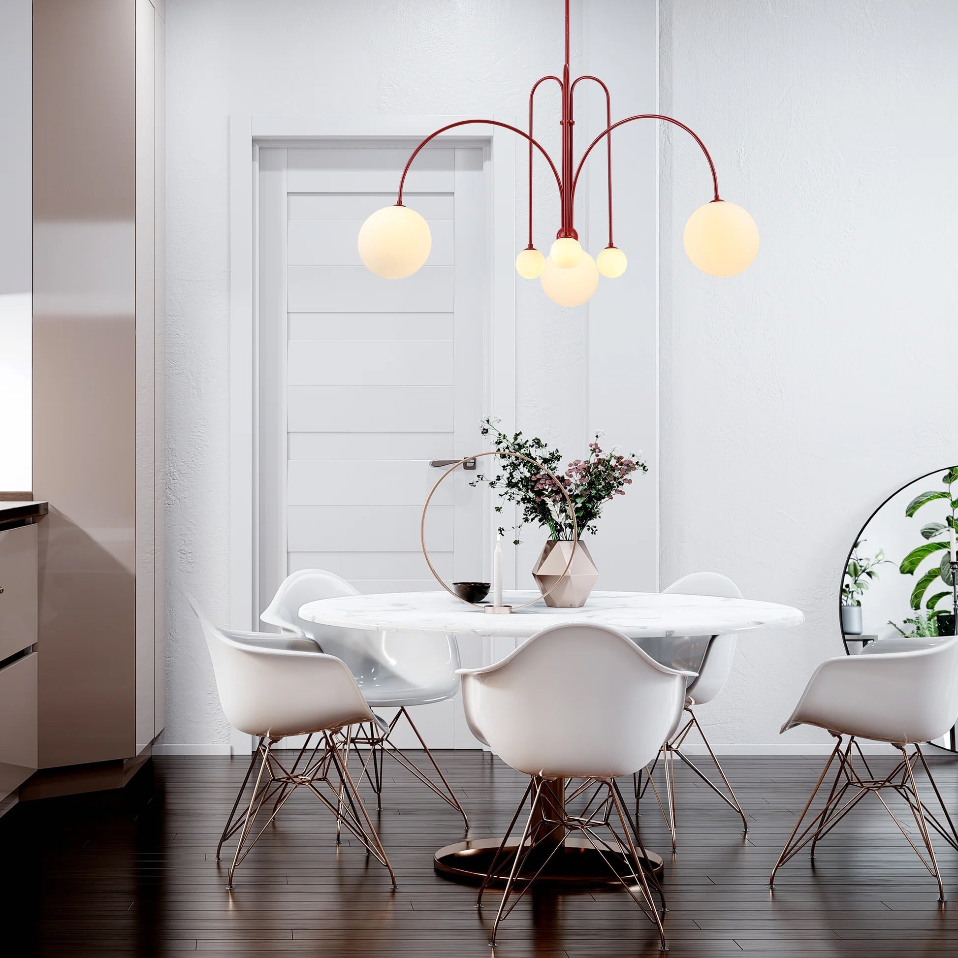 Six-head suspension light glowing in a styled interior setting