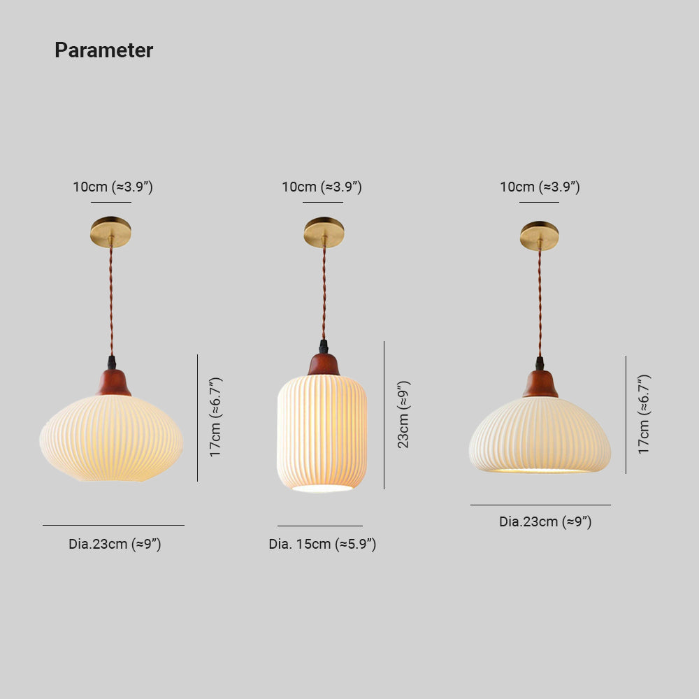 Dimension drawing for the Clérachic Ribbed Ceramic Pendant Light: ellipse and dome Dia. 23 cm (≈9″) × 17 cm (≈6.7″), cylinder Dia. 15 cm (≈5.9″) × 23 cm (≈9″).