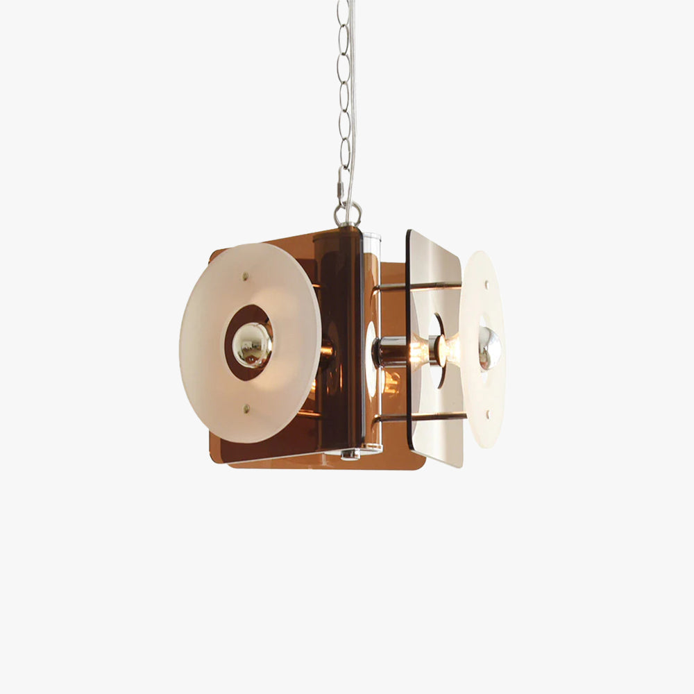 The pendant on white, brown and white glass discs set around a cube on a chrome chain.