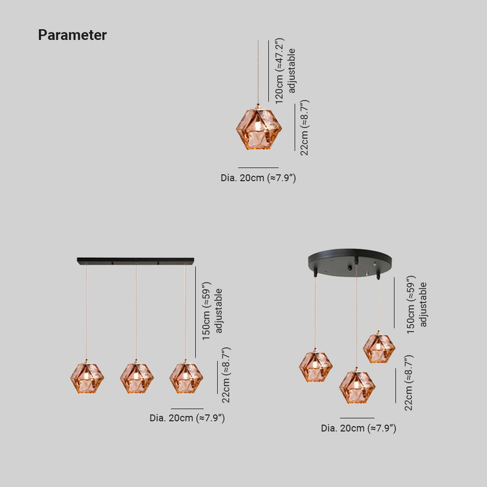 Polyeder LED-pendellampe med fasetterte glasspaneler, 1 eller 3 lyskilder
