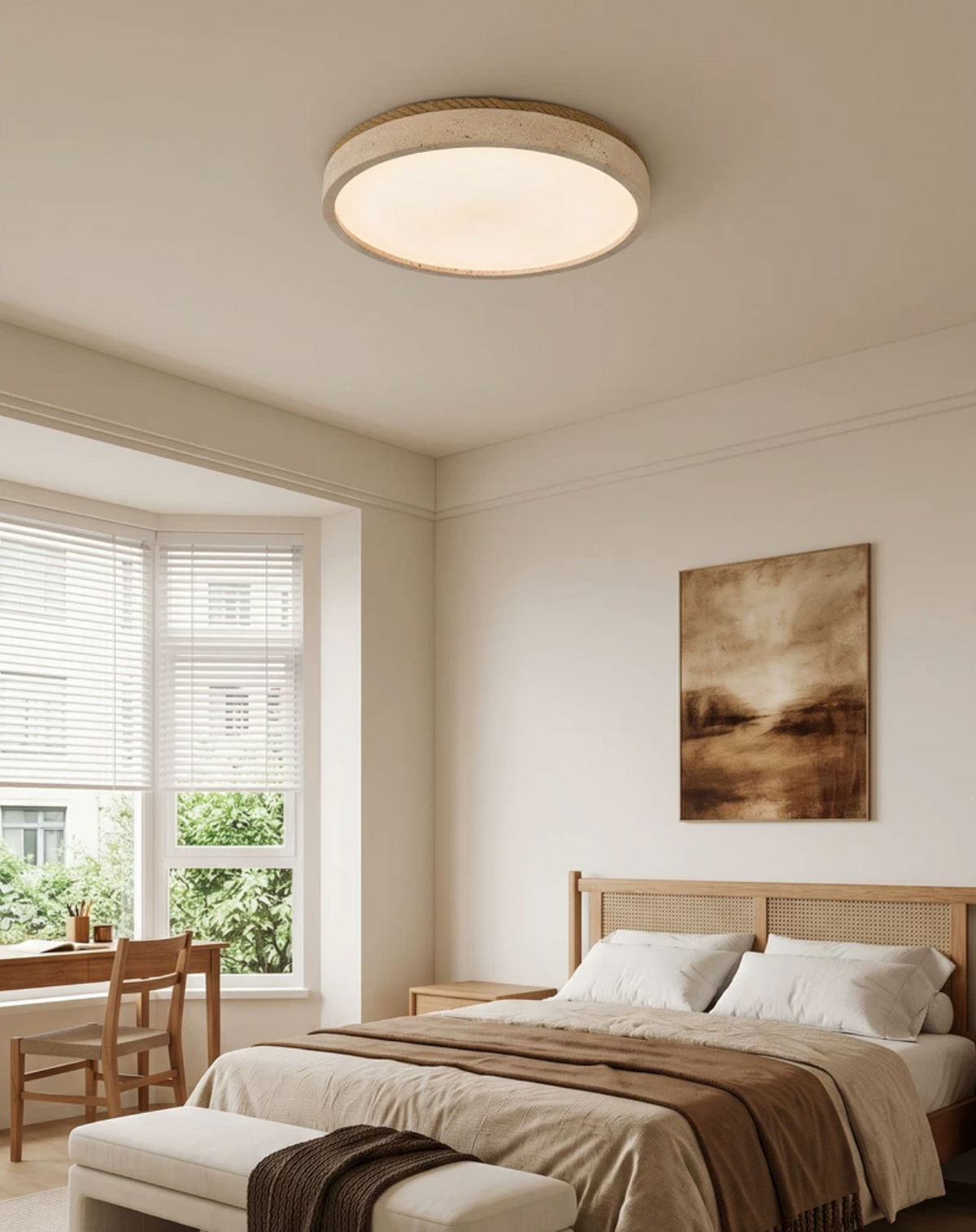 This round Clérachic ceiling light glows warm above a bed near a bay window with a wooden chair and abstract framed art.