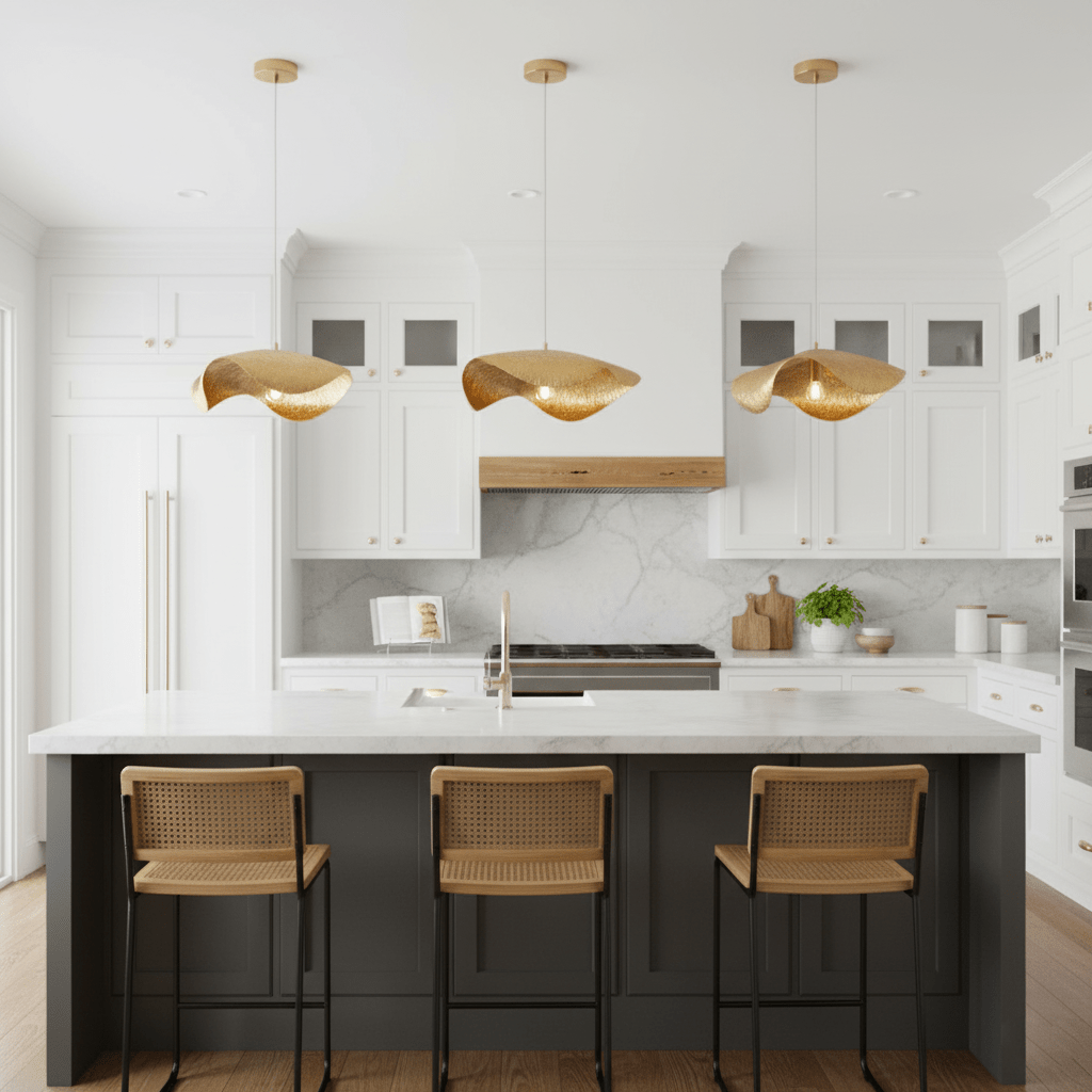 This Clérachic hammered brass trio glows over a dark kitchen island with woven cane stools.