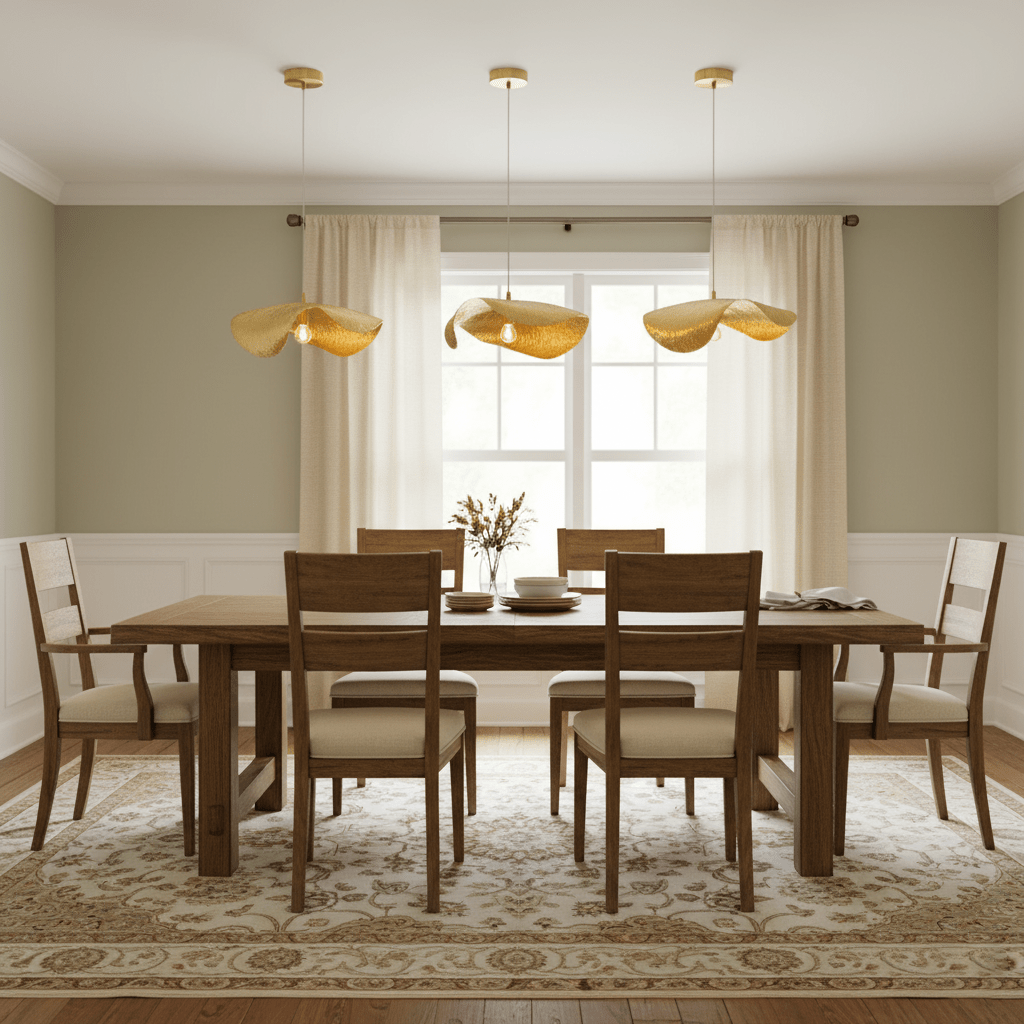 This Clérachic pendant trio hangs above a wood dining table in a sage-green room with cream curtains.