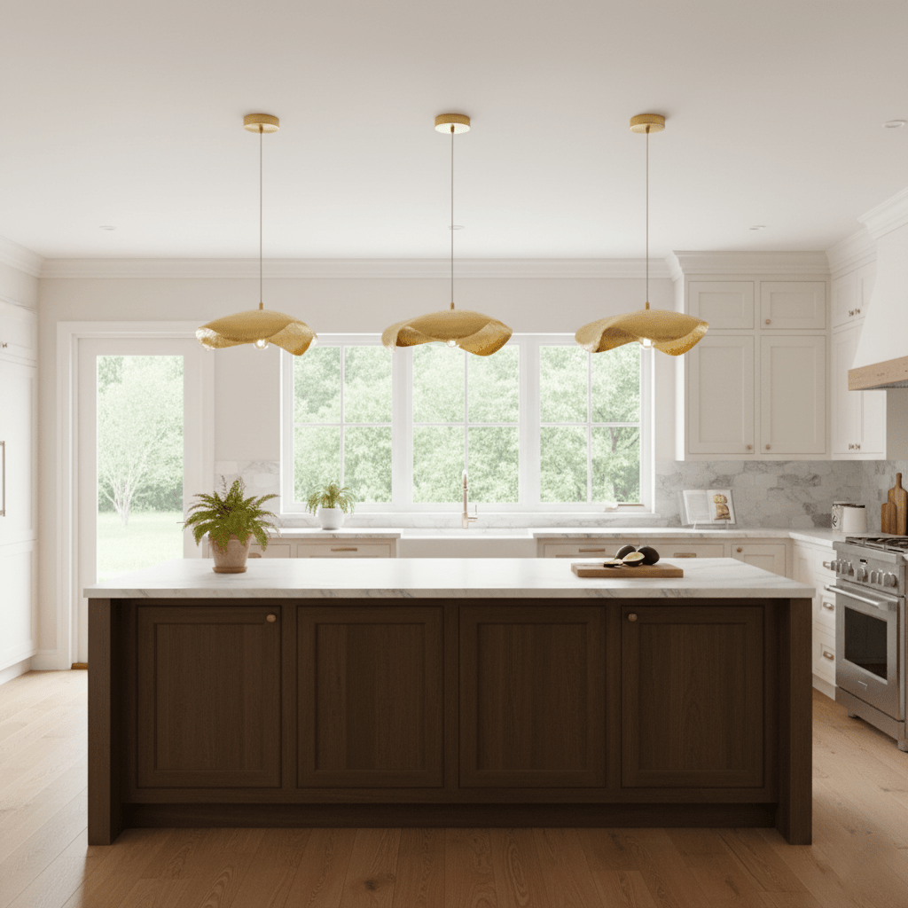 White kitchen walls frame a dark wood island lit by three hammered brass shades from Clérachic.