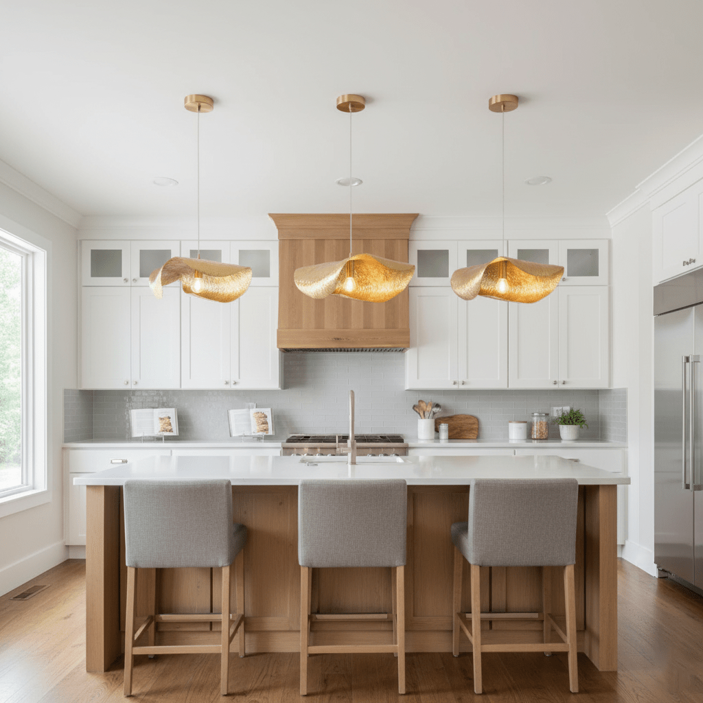 Three lit hammered brass pendants from Clérachic hang over a white kitchen island with grey stools.