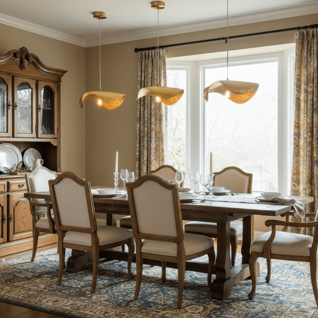 This Clérachic hammered brass trio hangs above a laid wood dining table in a traditional room.