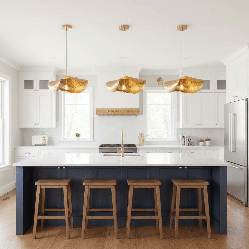 Navy-blue island cabinetry sits beneath three lit Clérachic hammered brass pendants in this kitchen.