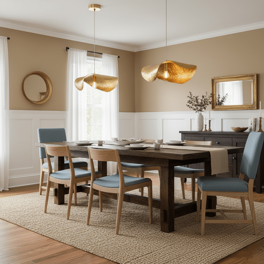A single hammered brass shade from Clérachic lights a dark wood table between blue chairs.