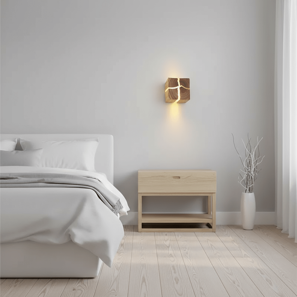 Lâmpada de Parede Cubo em Madeira Natural Artesanal, Luz G4 Branco Quente, 8 cm