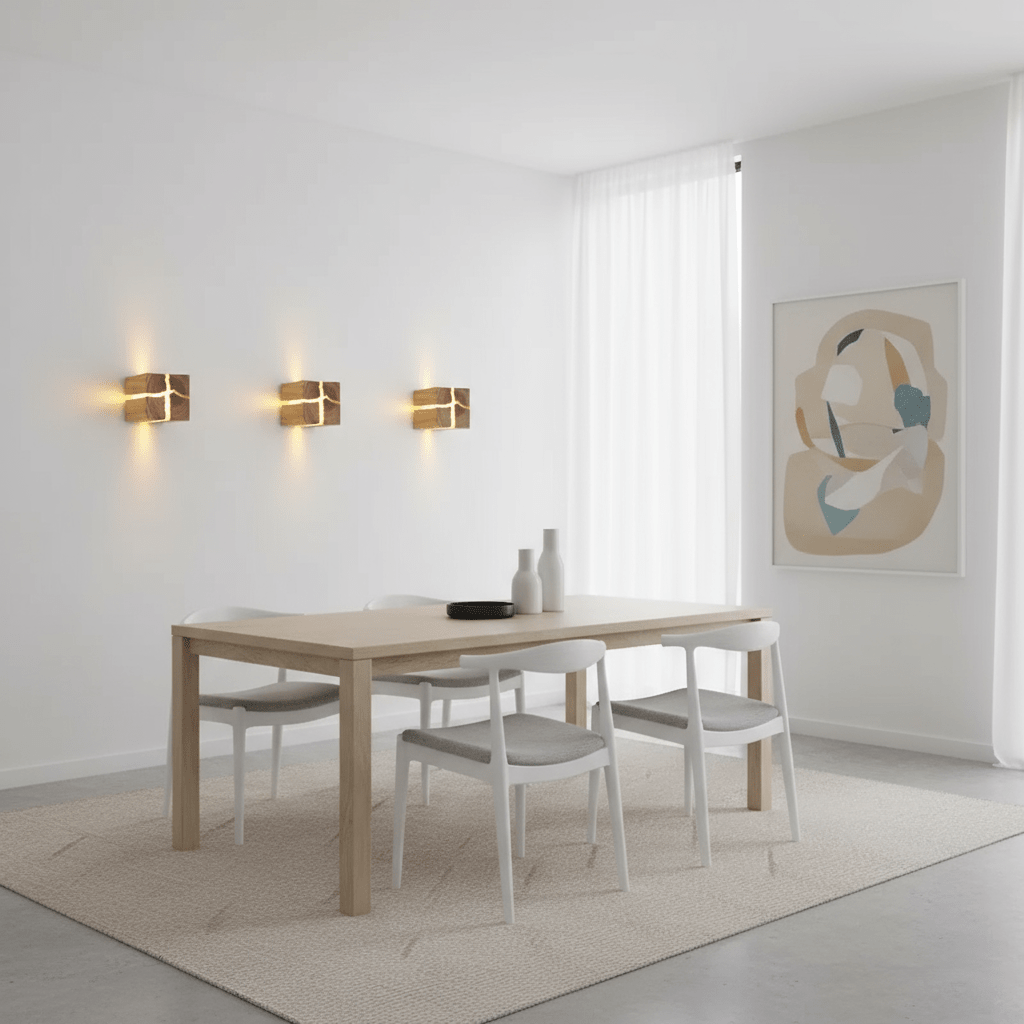 Lâmpada de Parede Cubo em Madeira Natural Artesanal, Luz G4 Branco Quente, 8 cm