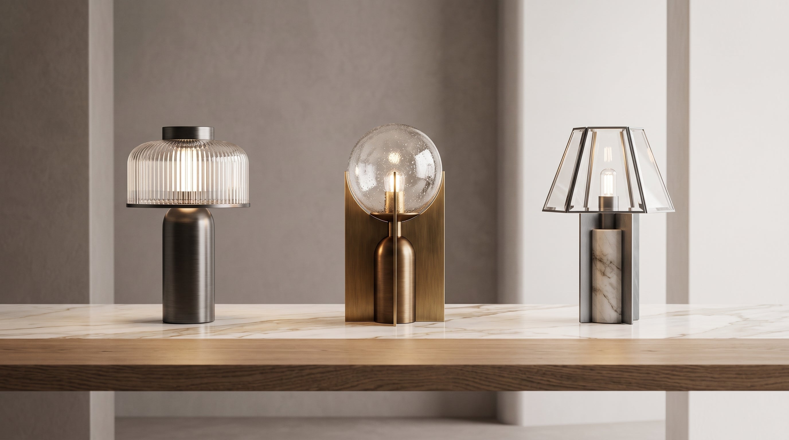 Three modern table lamps from Clérachic displayed on a light wood console table against a neutral gray wall. The left lamp has a ribbed clear glass shade and a dark gray cylindrical base.