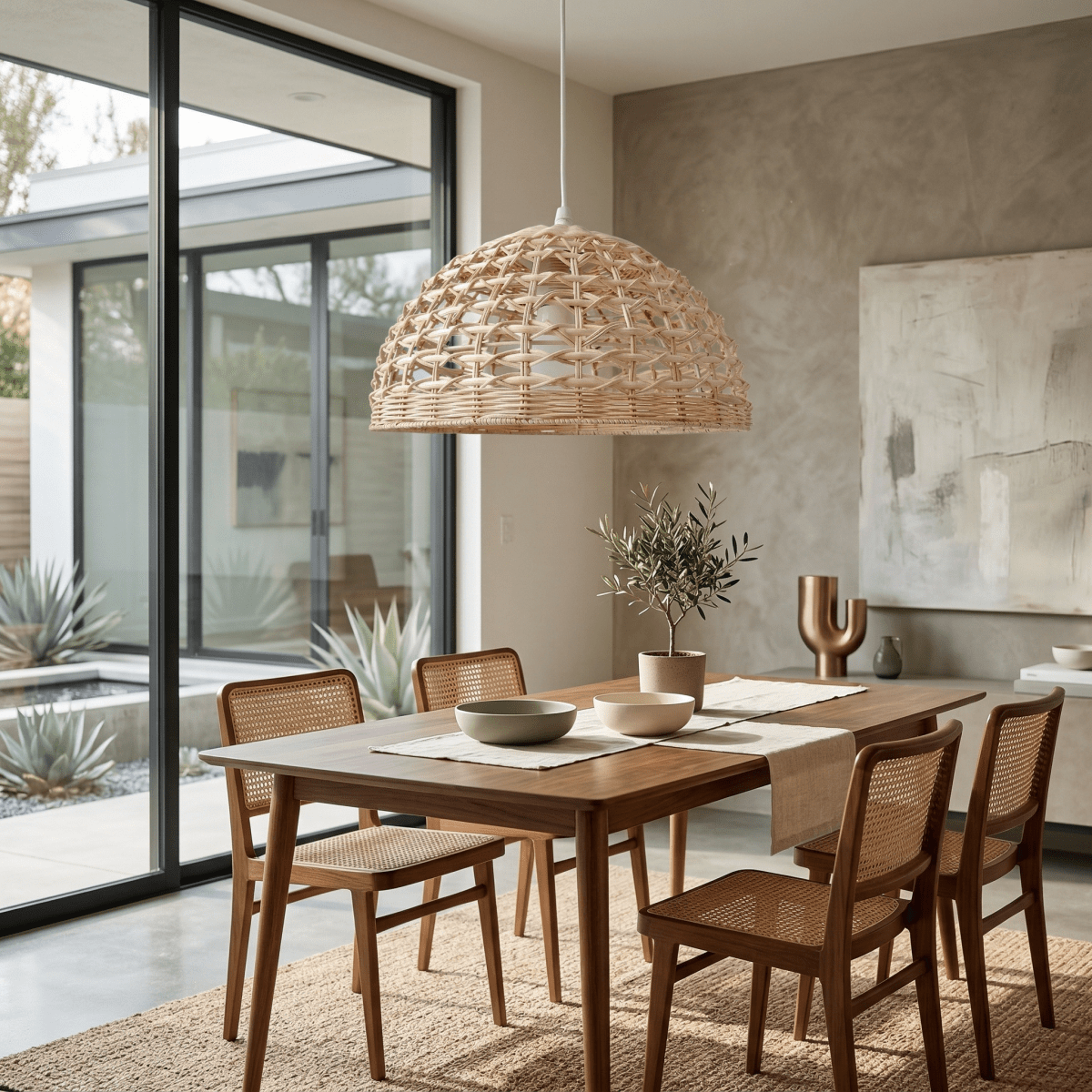 Rattan kuppelpendel, håndvevd kurvskjerm, 12-tommers diameter