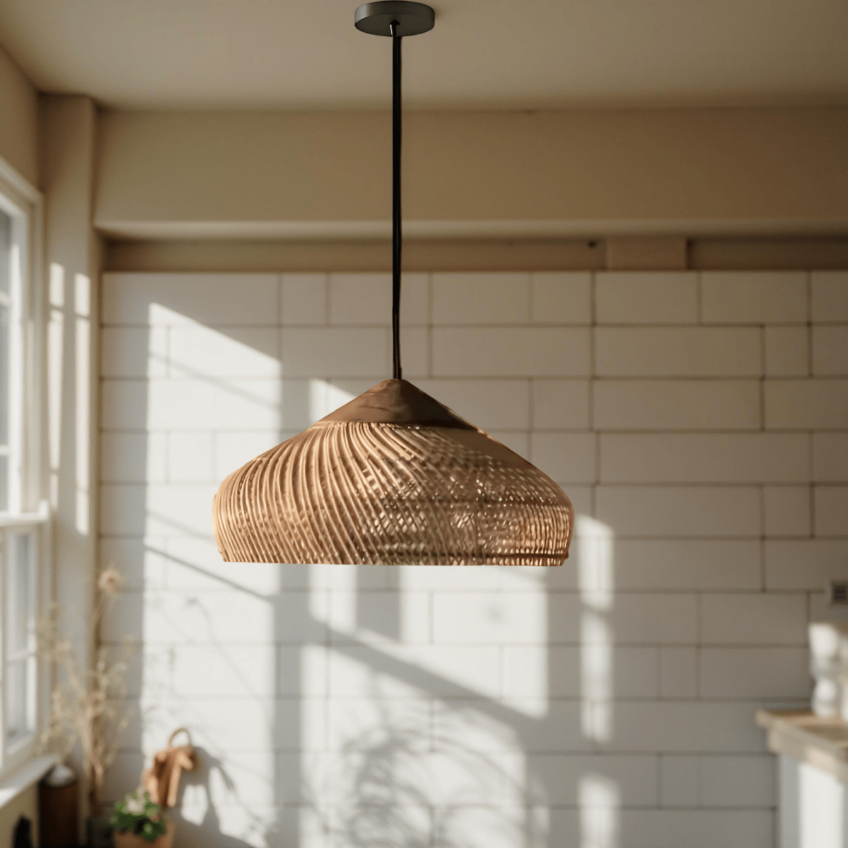 Vintage rattanpendel, håndvævet åbenvævet skærm, 12-tommer armatur