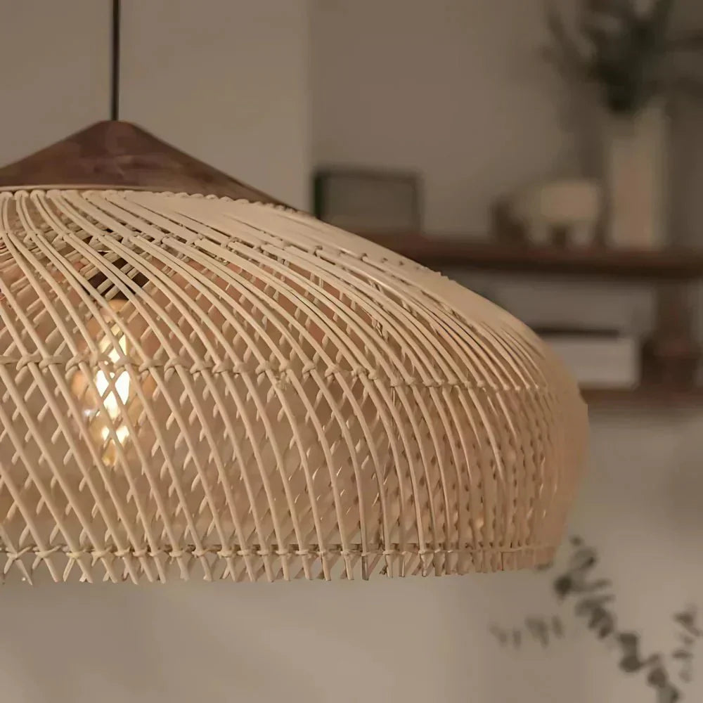Vintage rattanpendel, håndvævet åbenvævet skærm, 12-tommer armatur
