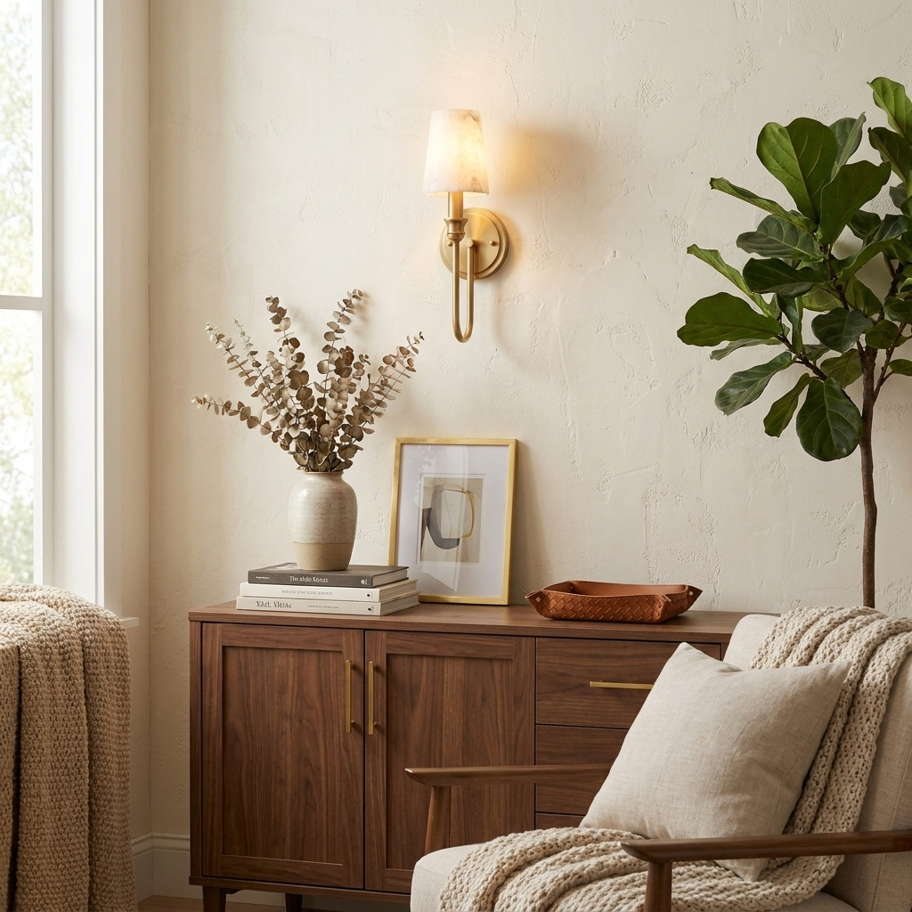 Near a sideboard with a plant and framed art, this Clérachic sconce in brass hardware glows warm on the wall.