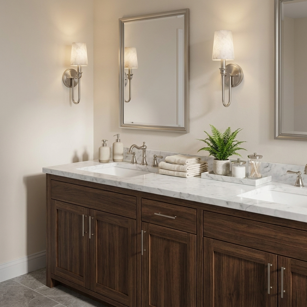 In a bathroom with a marble-top vanity, two of these Clérachic sconces in nickel hardware flank the mirror, lit warm.