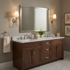 Two of these Clérachic sconces flank a mirror above a dark wood vanity, their brass hardware and alabaster shades lit warm.