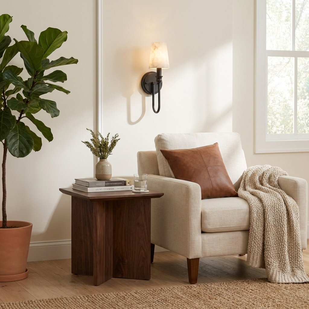 Beside a window and a fiddle-leaf fig, this Clérachic sconce in black hardware lights an armchair reading corner.