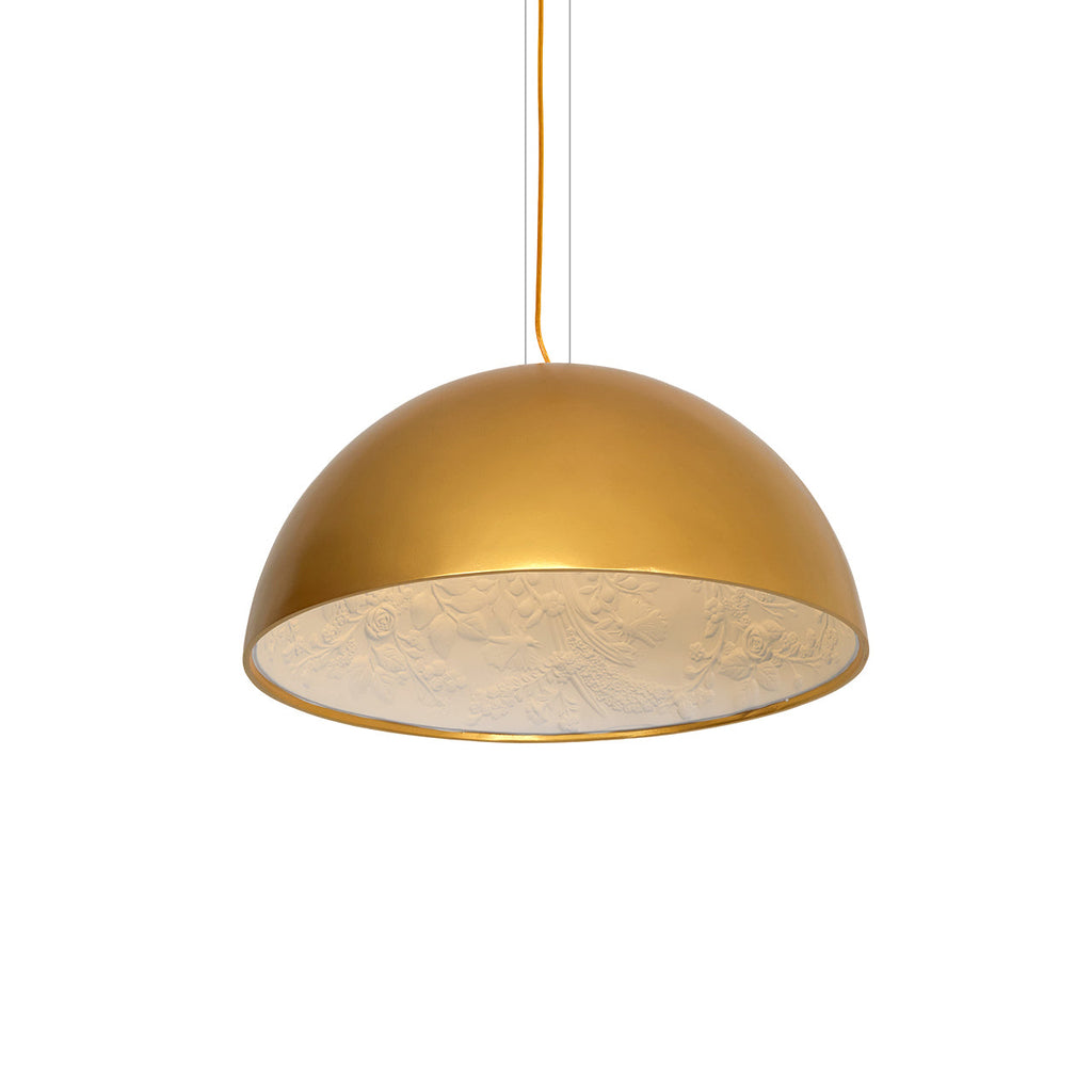 Plaster dome pendant glowing softly in a quiet corner