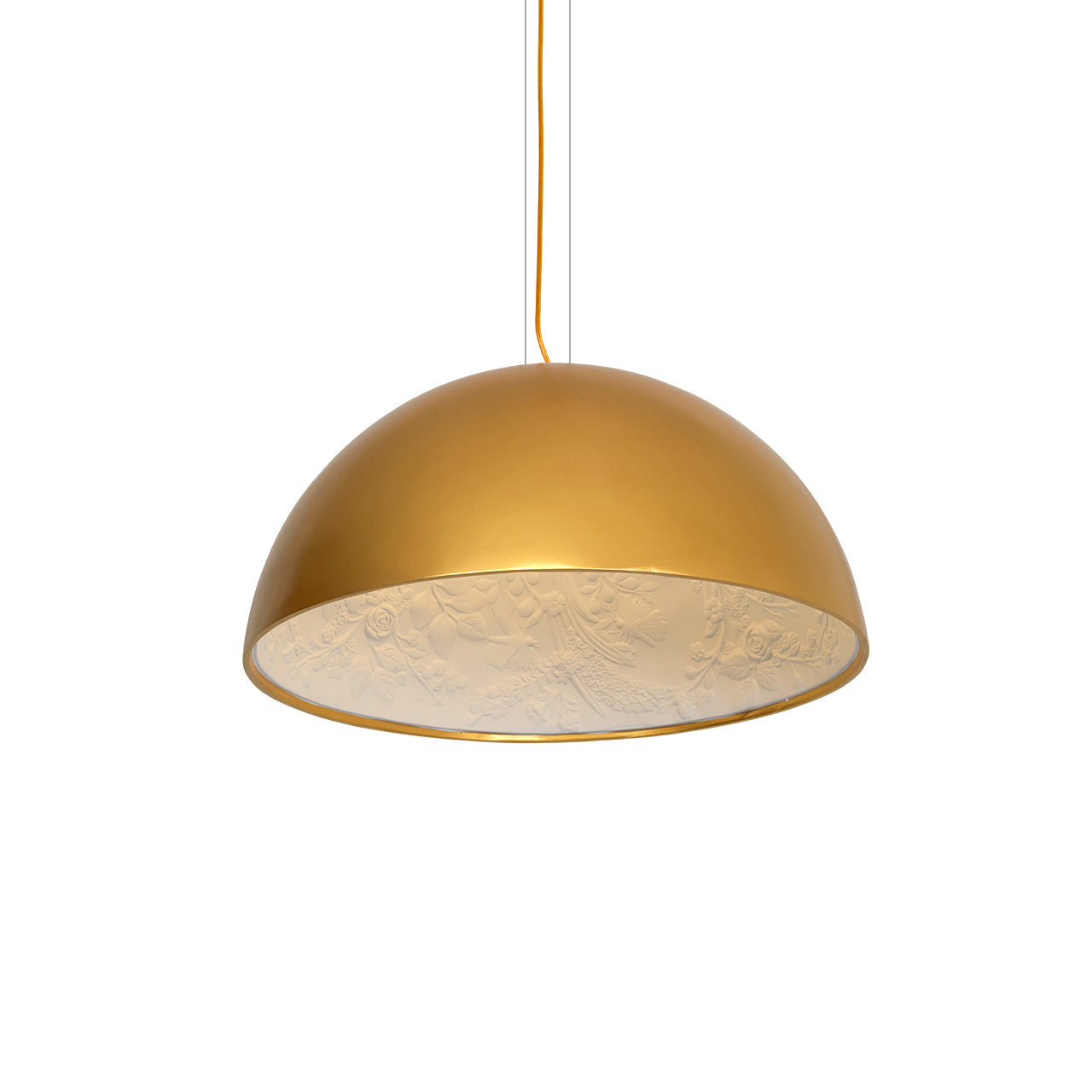 Plaster dome pendant glowing softly in a quiet corner