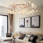 Firefly LED chandelier with leaves spread in a wide canopy