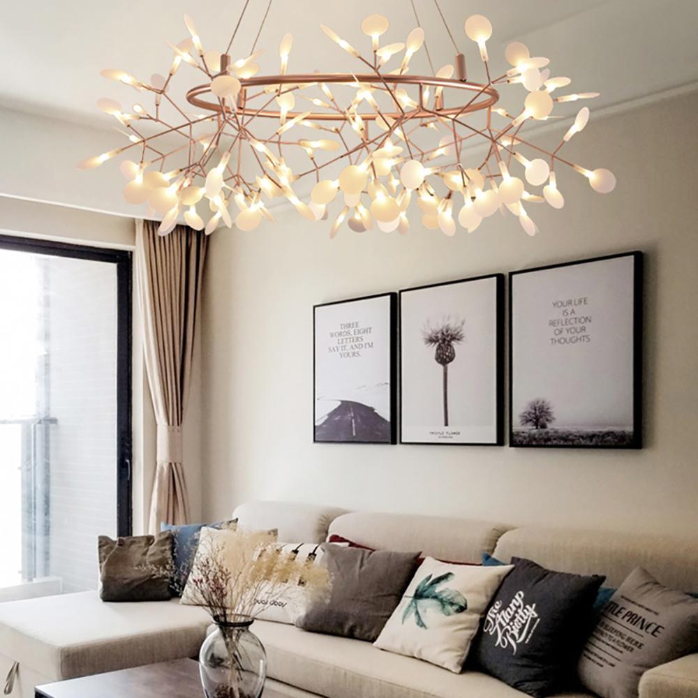 Firefly LED chandelier with leaves spread in a wide canopy