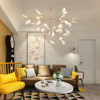 Branching chandelier with white leaf lights and rose gold stems