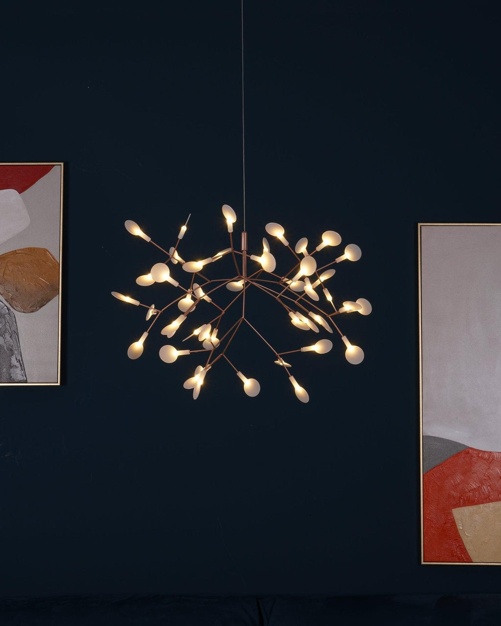 Rose gold firefly chandelier detail showing leaf placement