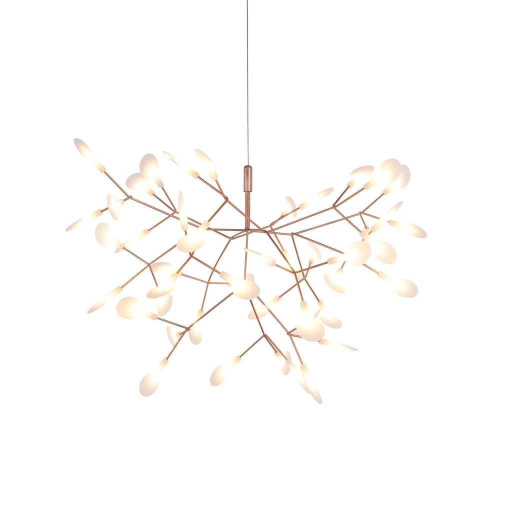 Rose gold chandelier with white polycarbonate leaves glowing
