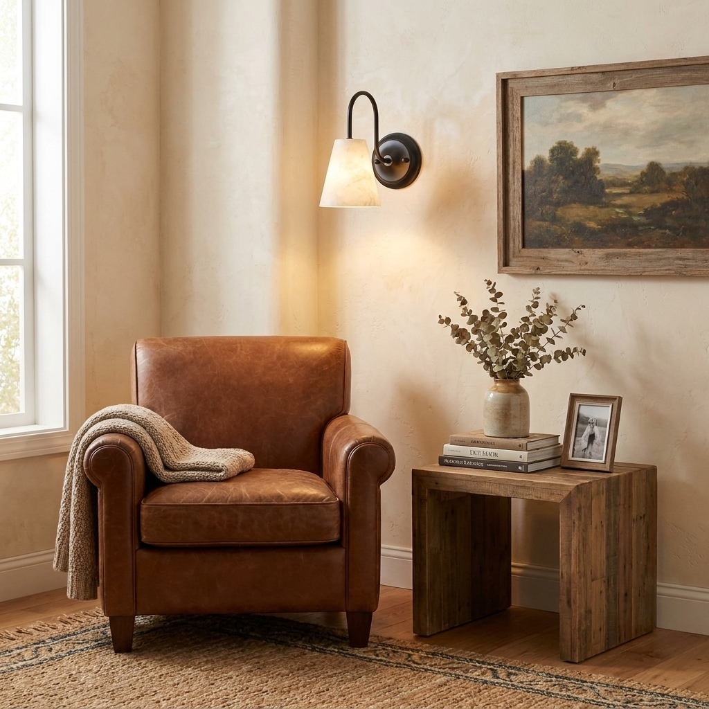 This matte black Clérachic wall sconce arcs its gooseneck arm over an alabaster cone shade, glowing beside a leather armchair.