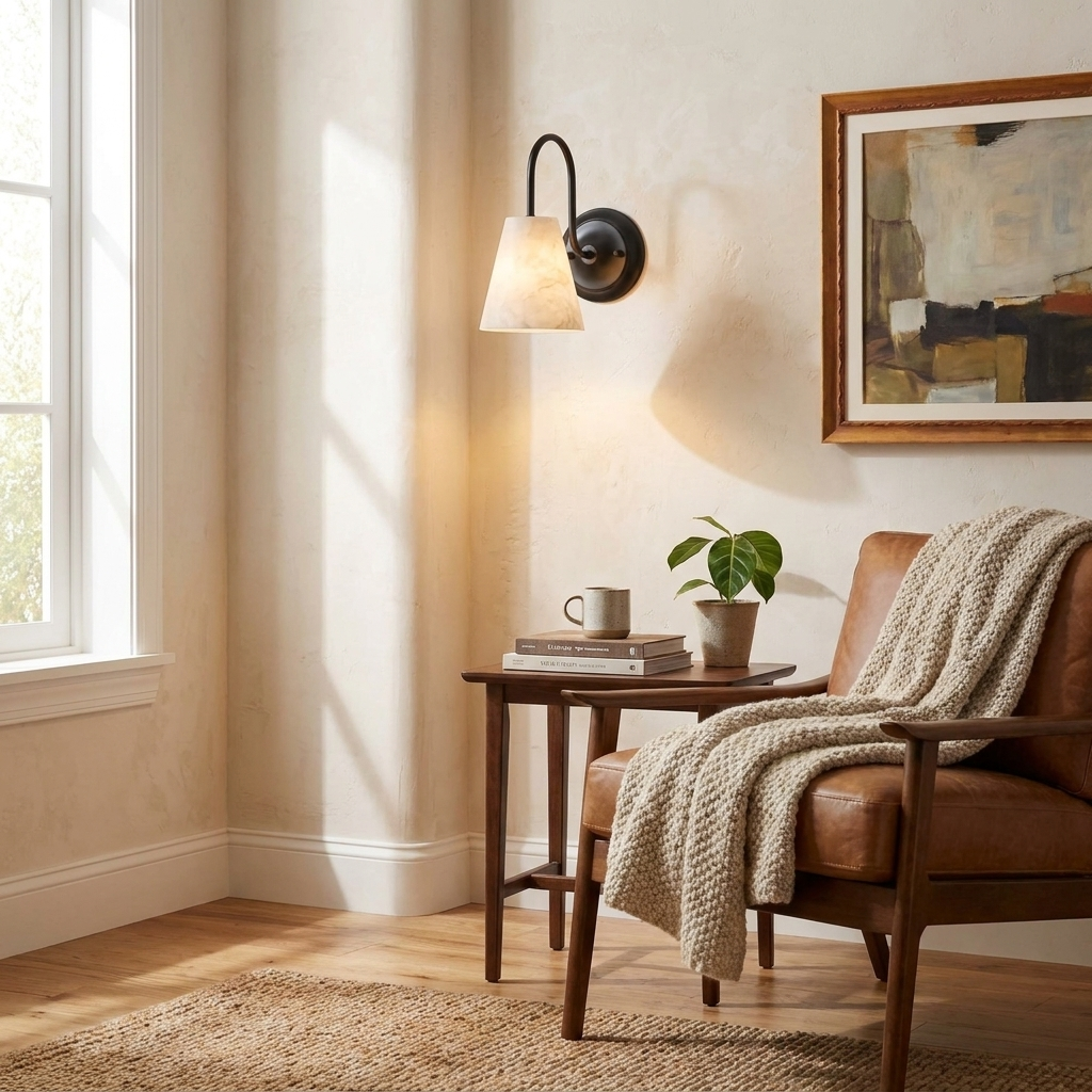 Sunlight crosses this matte black Clérachic wall sconce as it glows beside a leather armchair and a small side table.