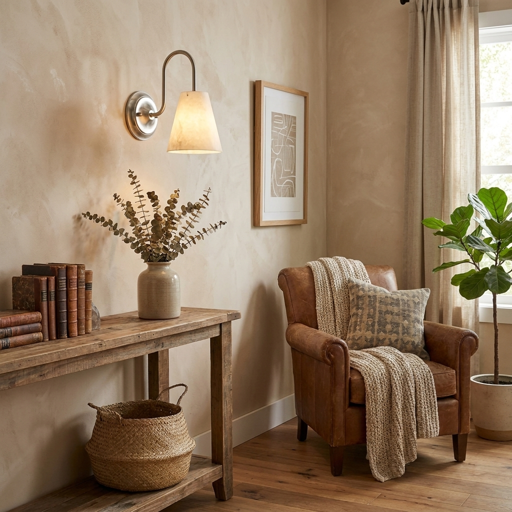 This brushed nickel Clérachic wall sconce glows above a console table dressed with a vase, books and a woven basket.