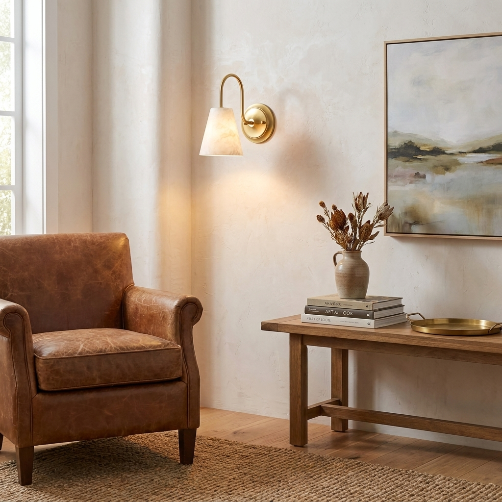 This brushed brass Clérachic wall sconce glows above a wooden bench styled with a vase beside a leather armchair.