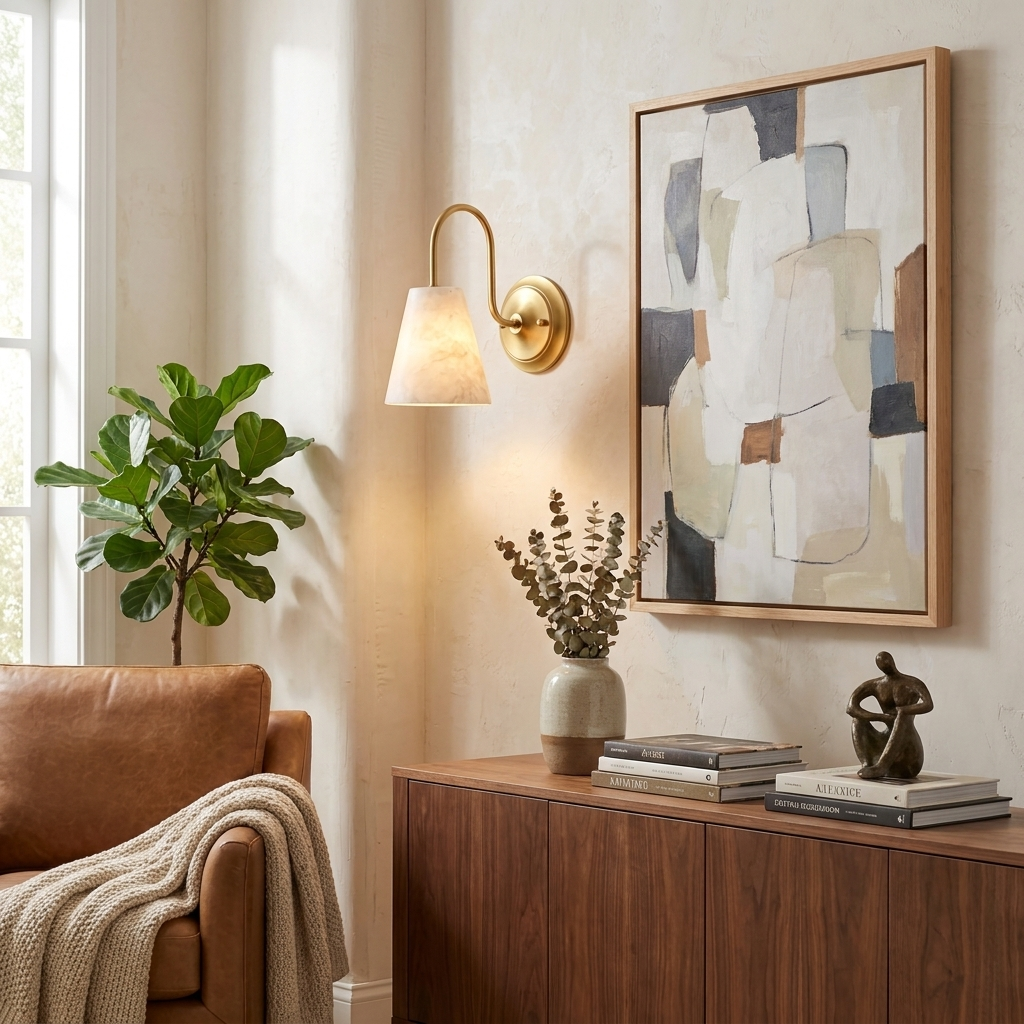 Beside an abstract painting, this brushed brass Clérachic wall sconce lights a walnut sideboard with a potted fig leaf plant.